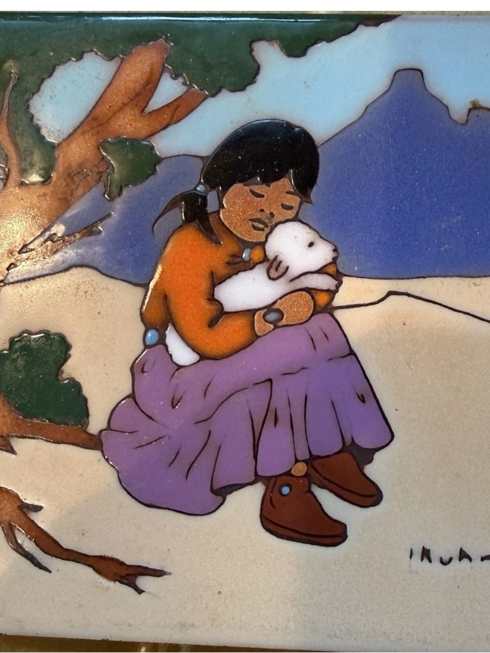 Earthtones Southwestern 6" Tile
Trivet Signed L Kuhne 1984 Native
Girl &lamb